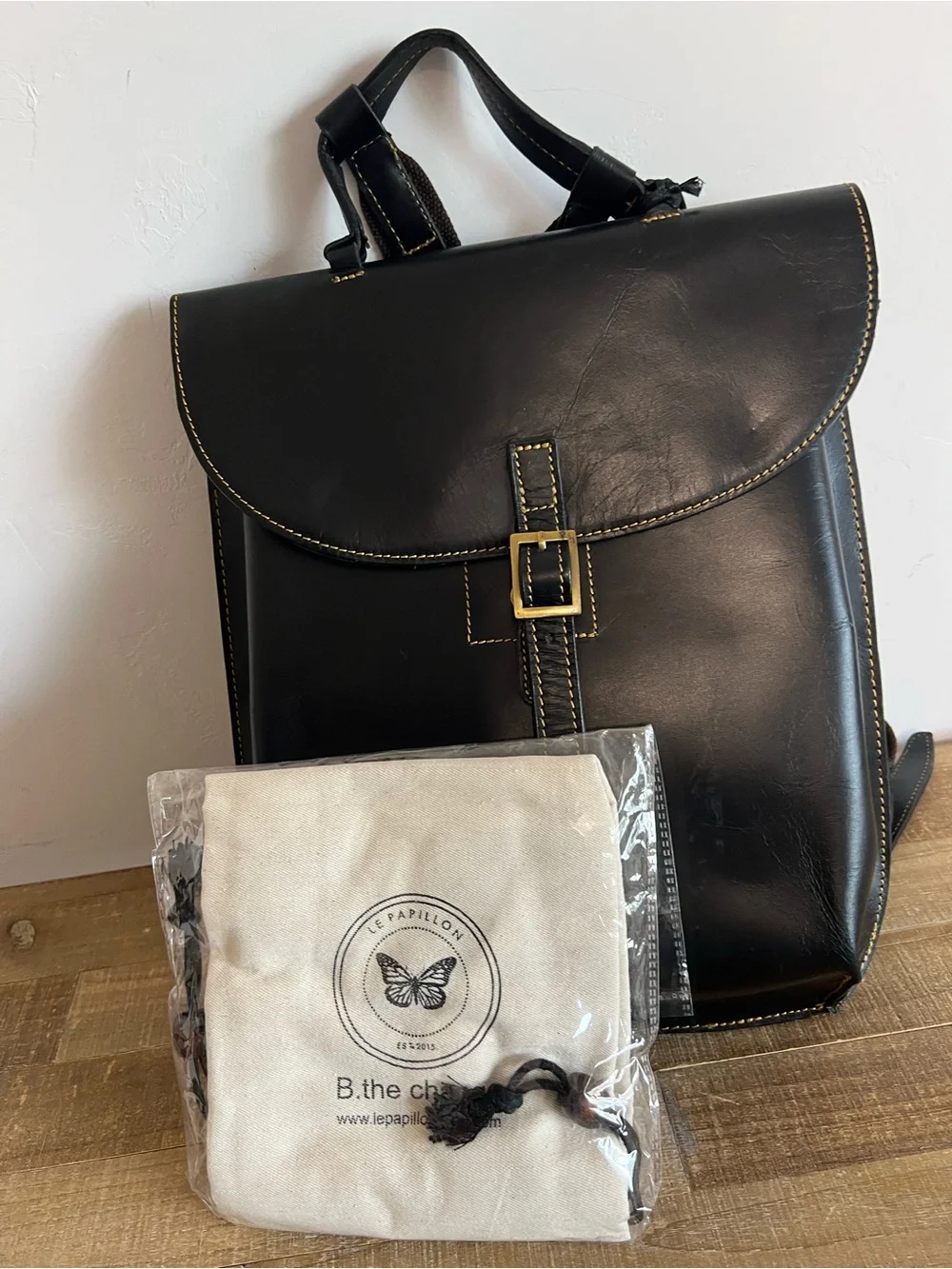 Classic Black Leather Travel Backpack with Brass Buckle Womens
